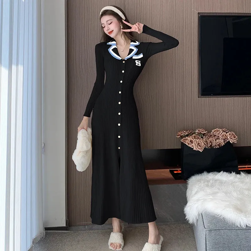 Cute Sweet Polo Collar Knitted Dresses for Women 2023 New Fashion Autumn Winter Thickening Knit Sweater Slim Ladies Long Dress