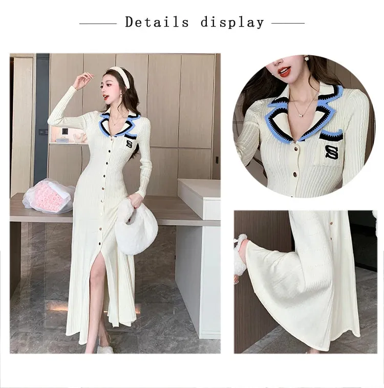 Cute Sweet Polo Collar Knitted Dresses for Women 2023 New Fashion Autumn Winter Thickening Knit Sweater Slim Ladies Long Dress