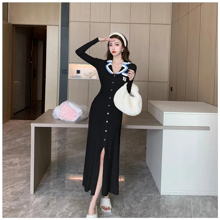 Cute Sweet Polo Collar Knitted Dresses for Women 2023 New Fashion Autumn Winter Thickening Knit Sweater Slim Ladies Long Dress