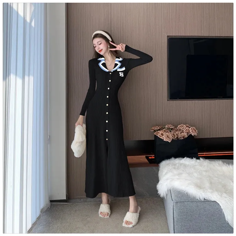 Cute Sweet Polo Collar Knitted Dresses for Women 2023 New Fashion Autumn Winter Thickening Knit Sweater Slim Ladies Long Dress