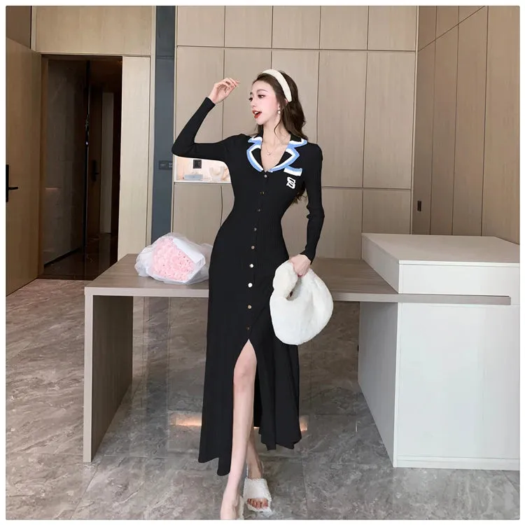 Cute Sweet Polo Collar Knitted Dresses for Women 2023 New Fashion Autumn Winter Thickening Knit Sweater Slim Ladies Long Dress