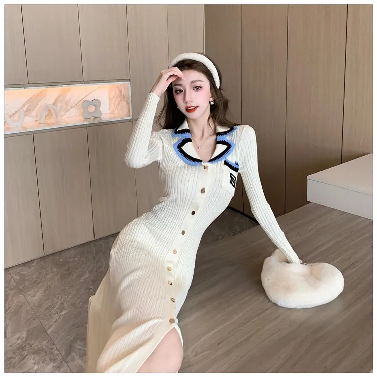 Cute Sweet Polo Collar Knitted Dresses for Women 2023 New Fashion Autumn Winter Thickening Knit Sweater Slim Ladies Long Dress