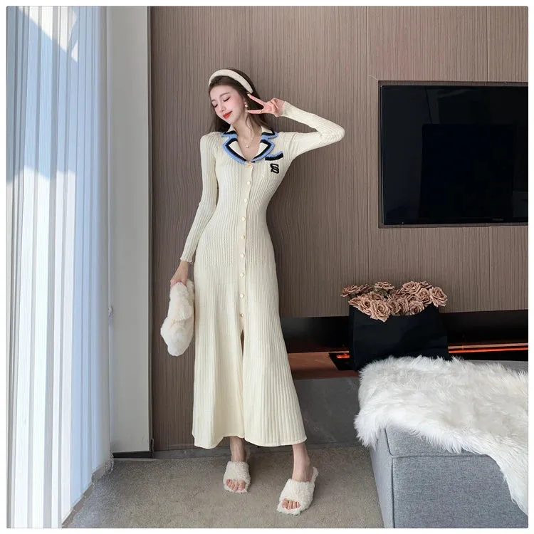 Cute Sweet Polo Collar Knitted Dresses for Women 2023 New Fashion Autumn Winter Thickening Knit Sweater Slim Ladies Long Dress