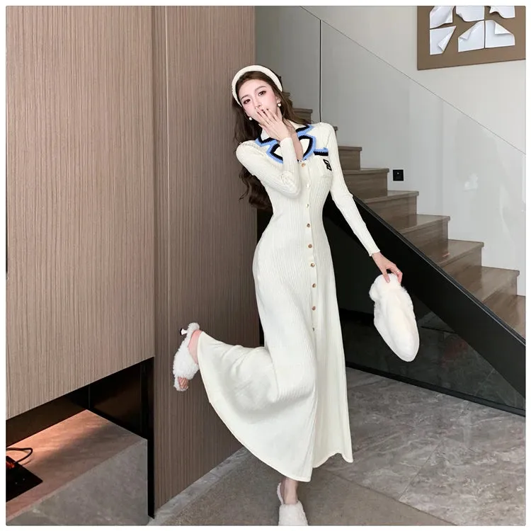 Cute Sweet Polo Collar Knitted Dresses for Women 2023 New Fashion Autumn Winter Thickening Knit Sweater Slim Ladies Long Dress