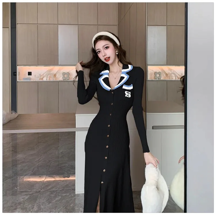 Cute Sweet Polo Collar Knitted Dresses for Women 2023 New Fashion Autumn Winter Thickening Knit Sweater Slim Ladies Long Dress