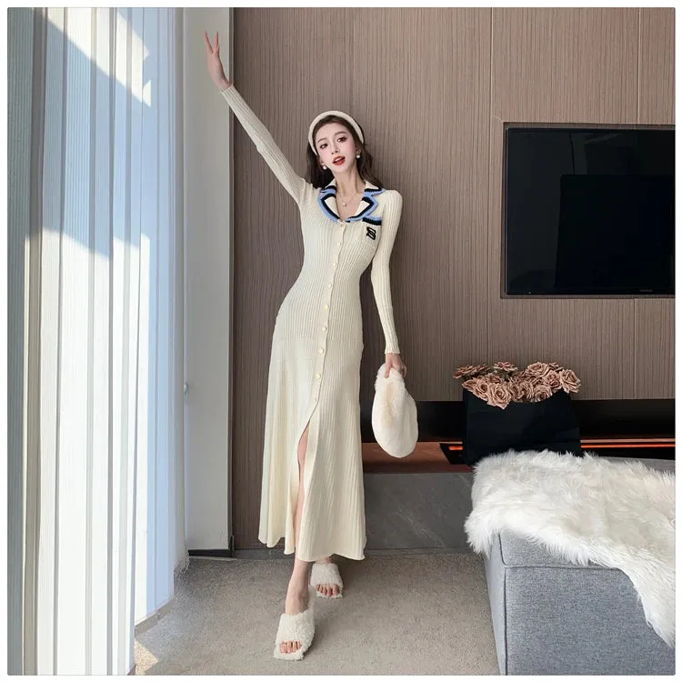 Cute Sweet Polo Collar Knitted Dresses for Women 2023 New Fashion Autumn Winter Thickening Knit Sweater Slim Ladies Long Dress