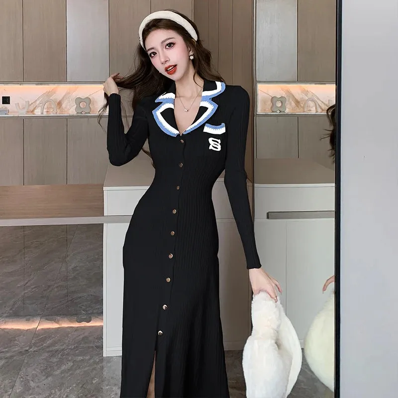 Cute Sweet Polo Collar Knitted Dresses for Women 2023 New Fashion Autumn Winter Thickening Knit Sweater Slim Ladies Long Dress