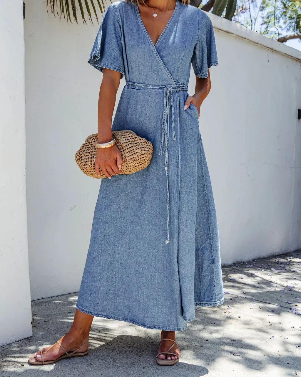 Denim Wrapped Front Maxi Dress