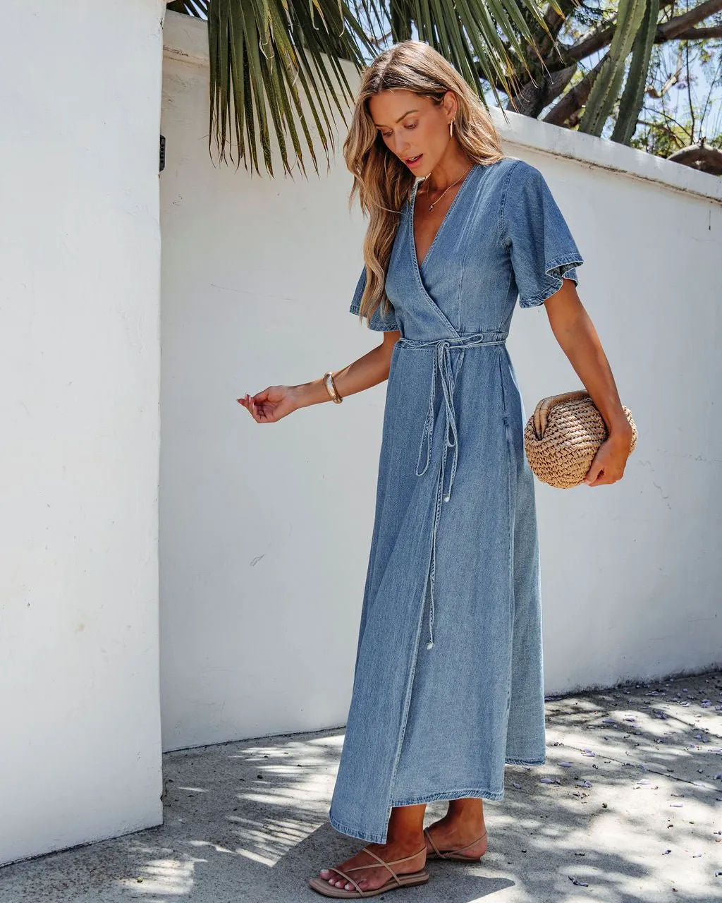 Denim Wrapped Front Maxi Dress