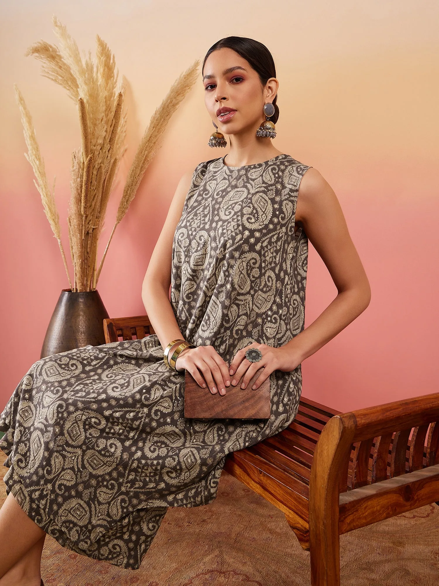 Dull Brown Paisley Round Neck Kurta Short Palazzo Set