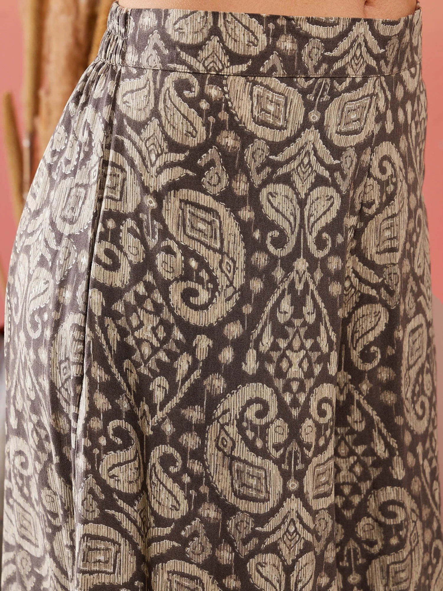 Dull Brown Paisley Round Neck Kurta Short Palazzo Set