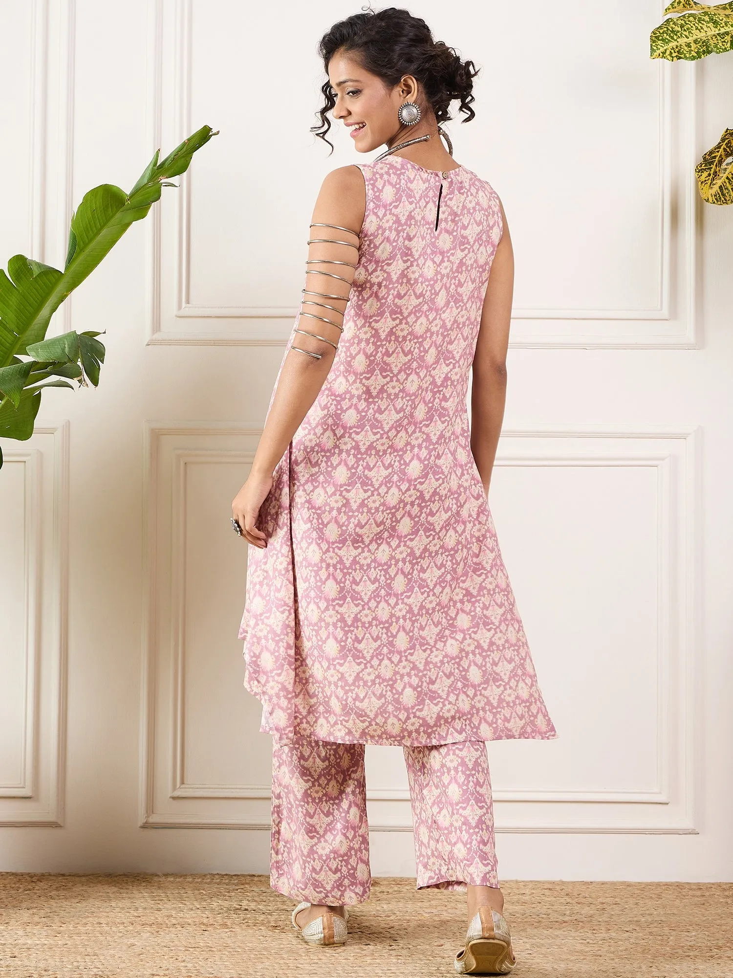 Dusty Pink Ikkat Print Foil Round Neck Kurta Pant Set