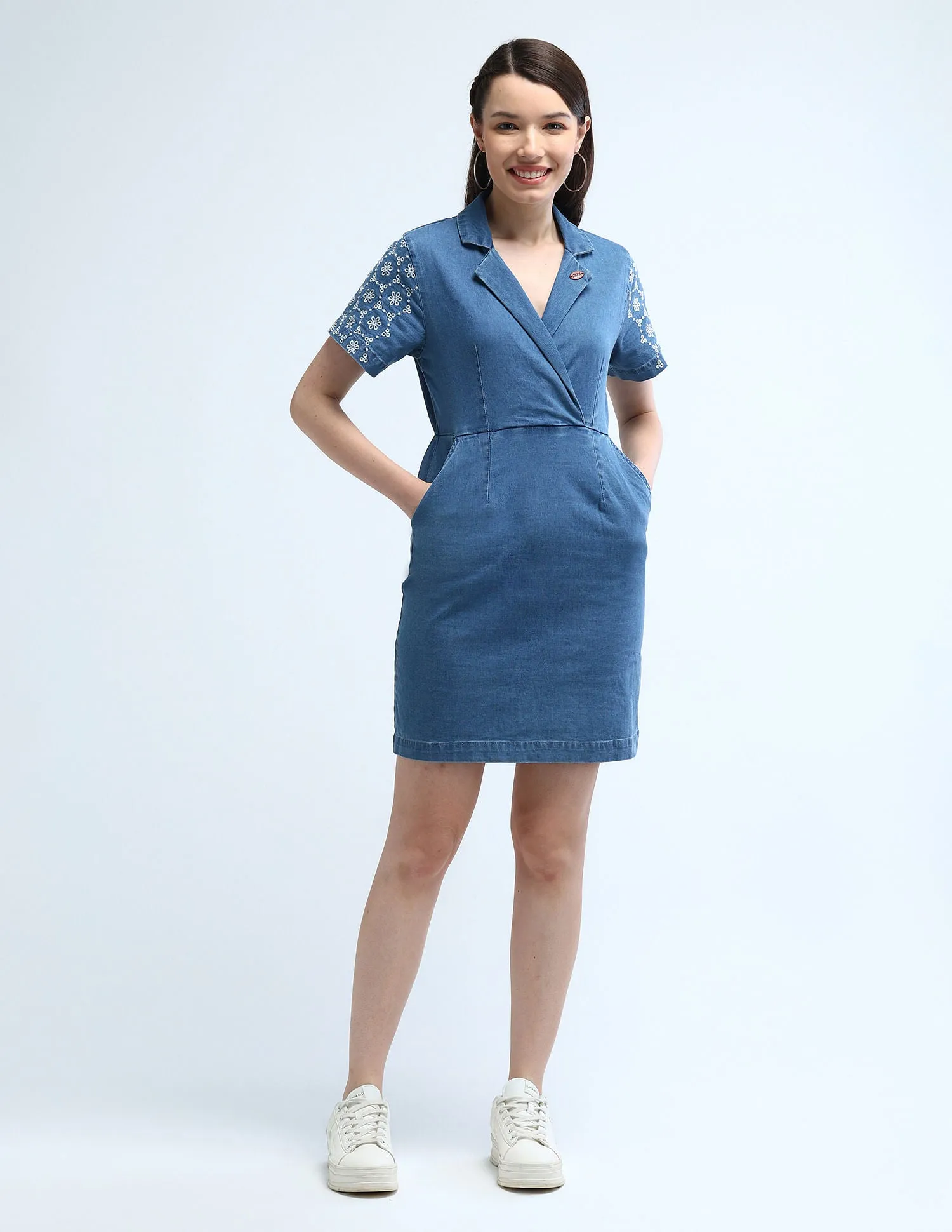 Embroidered Chambray Washed Dress