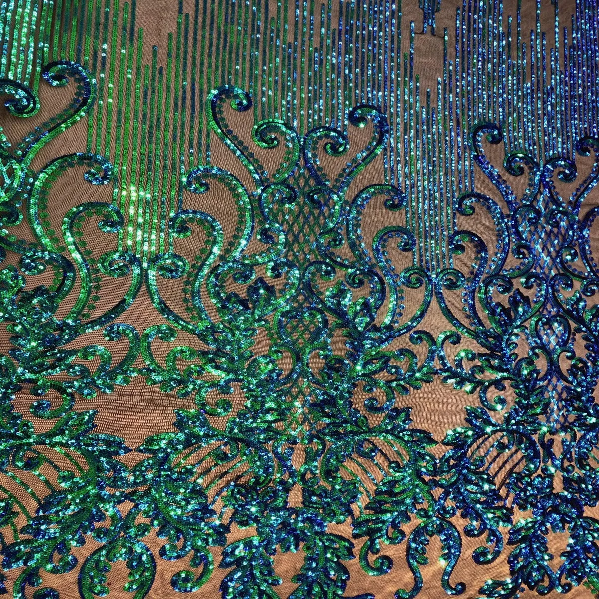 Green Iridescent Alta Striped Damask Sequins Lace Fabric