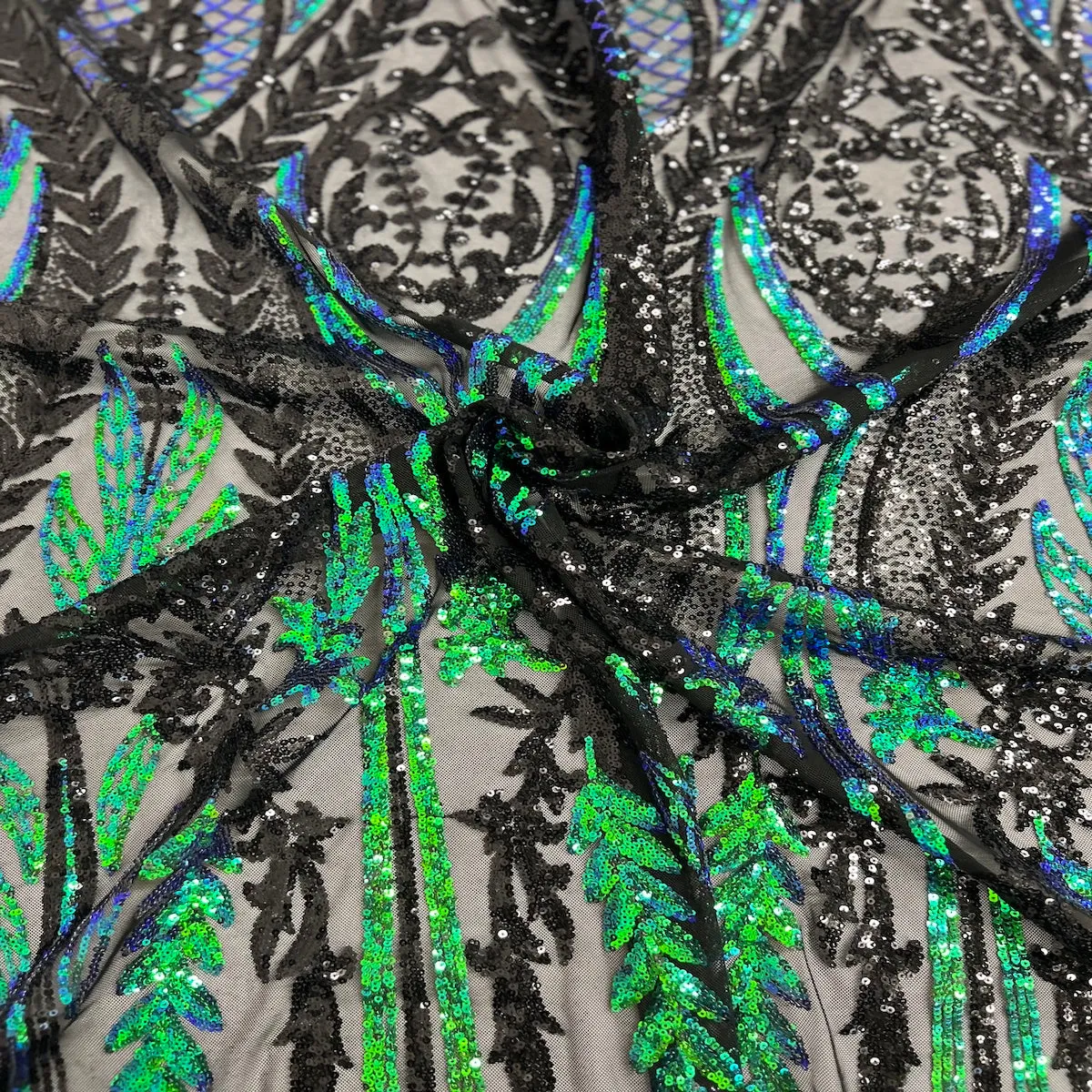 Green Iridescent | Black Alina Damask Sequins Lace Fabric