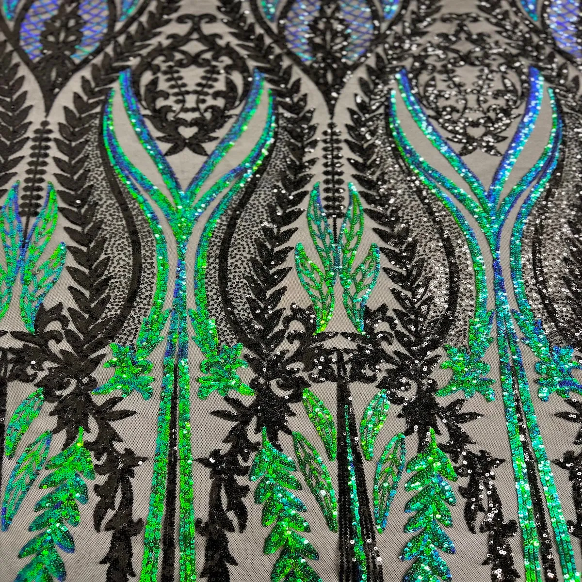 Green Iridescent | Black Alina Damask Sequins Lace Fabric