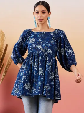 Indigo Floral Print Cold Shoulder Top