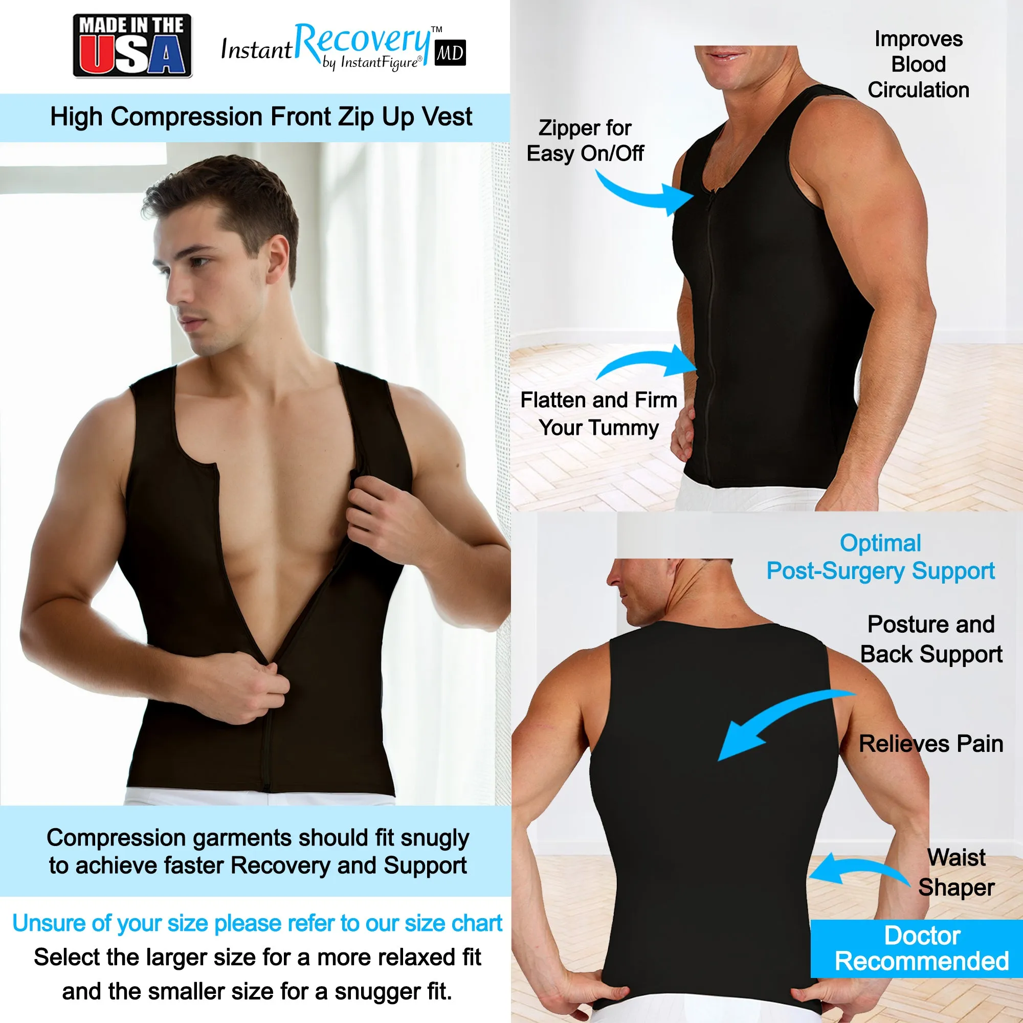 InstantRecoveryMD Mens Compression Sleeveless Front Zip Up Vest MD300