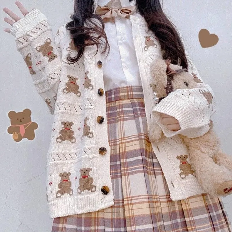 Knit Cardigan With Teddy Bear Pattern