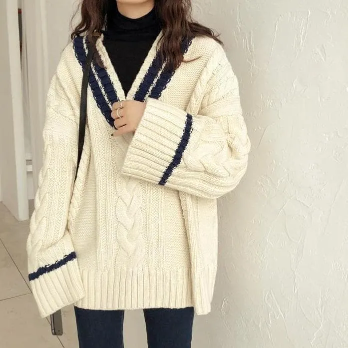 Knit V-Neck Sweater with Flare Sleeves