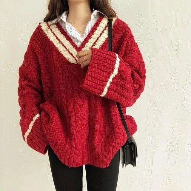 Knit V-Neck Sweater with Flare Sleeves