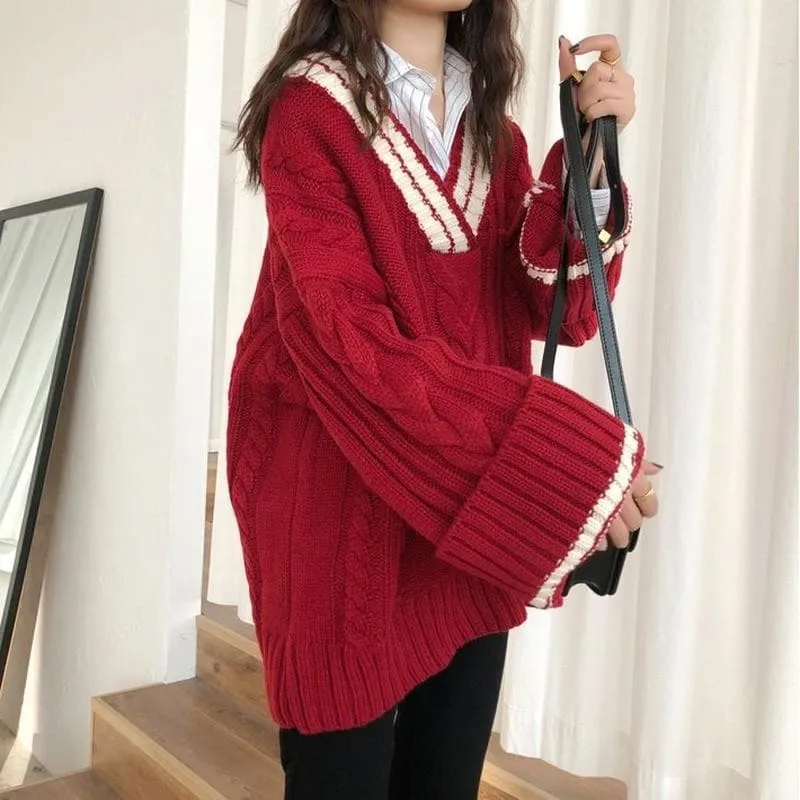 Knit V-Neck Sweater with Flare Sleeves