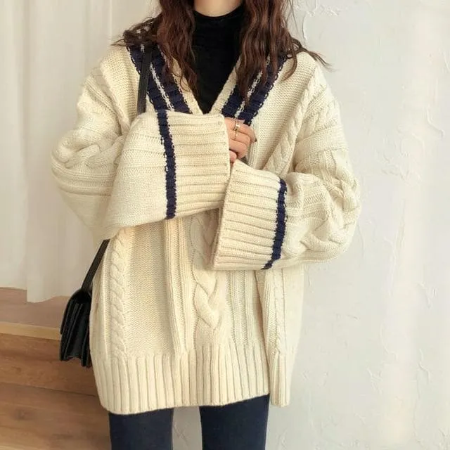 Knit V-Neck Sweater with Flare Sleeves