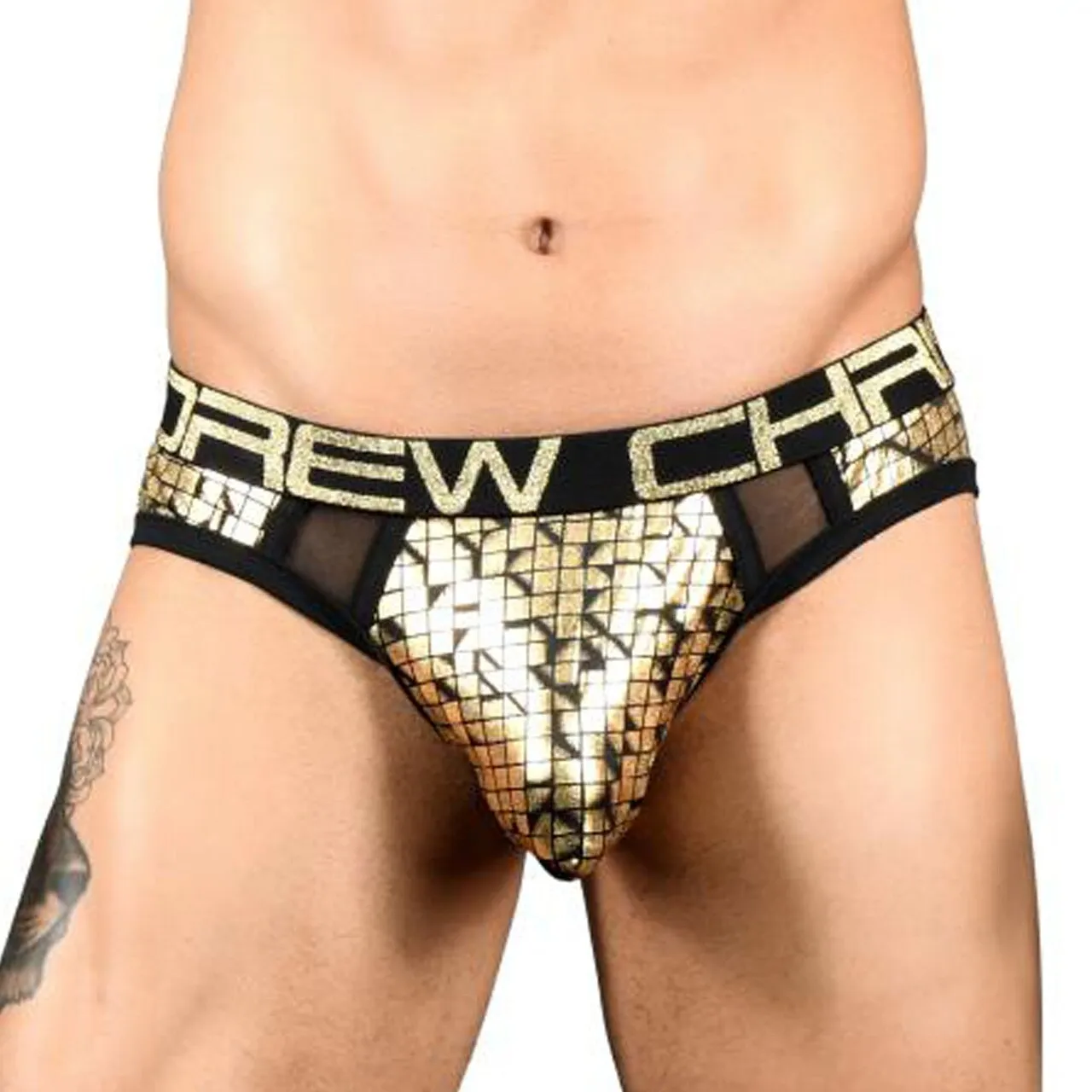 Mens Andrew Christian Cubist Sheer Frame Jock Strap Black and Gold