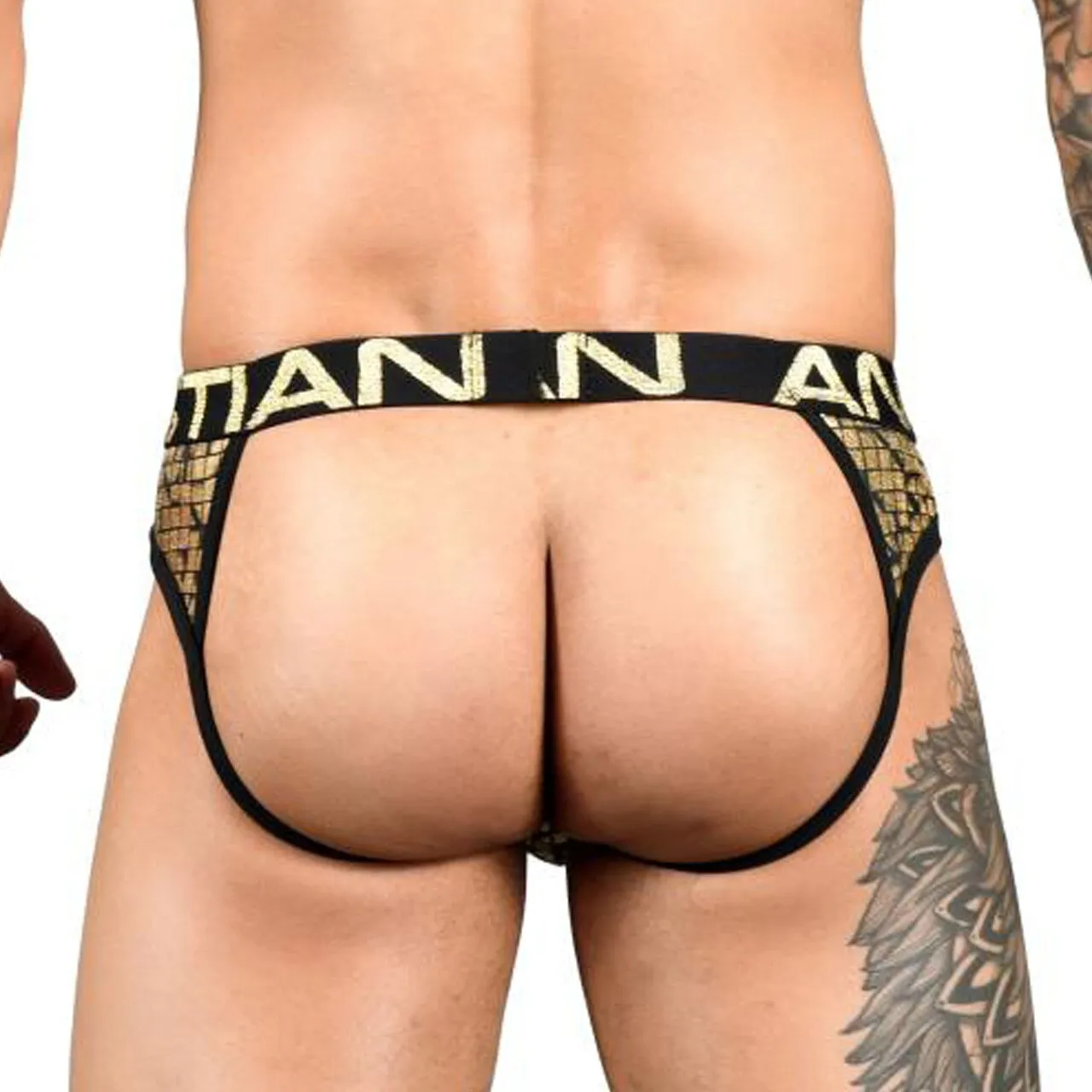 Mens Andrew Christian Cubist Sheer Frame Jock Strap Black and Gold