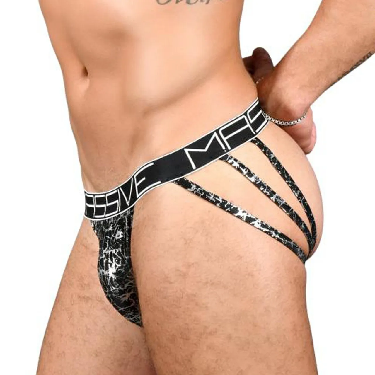 Mens Andrew Christian Massive Crackle Triad Thong Black and Silver