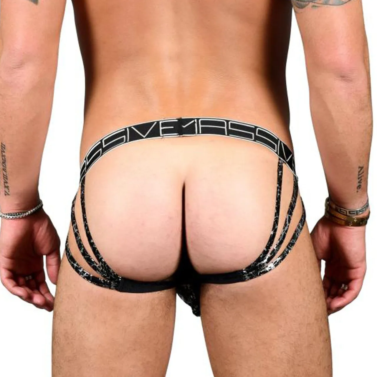 Mens Andrew Christian Massive Crackle Triad Thong Black and Silver