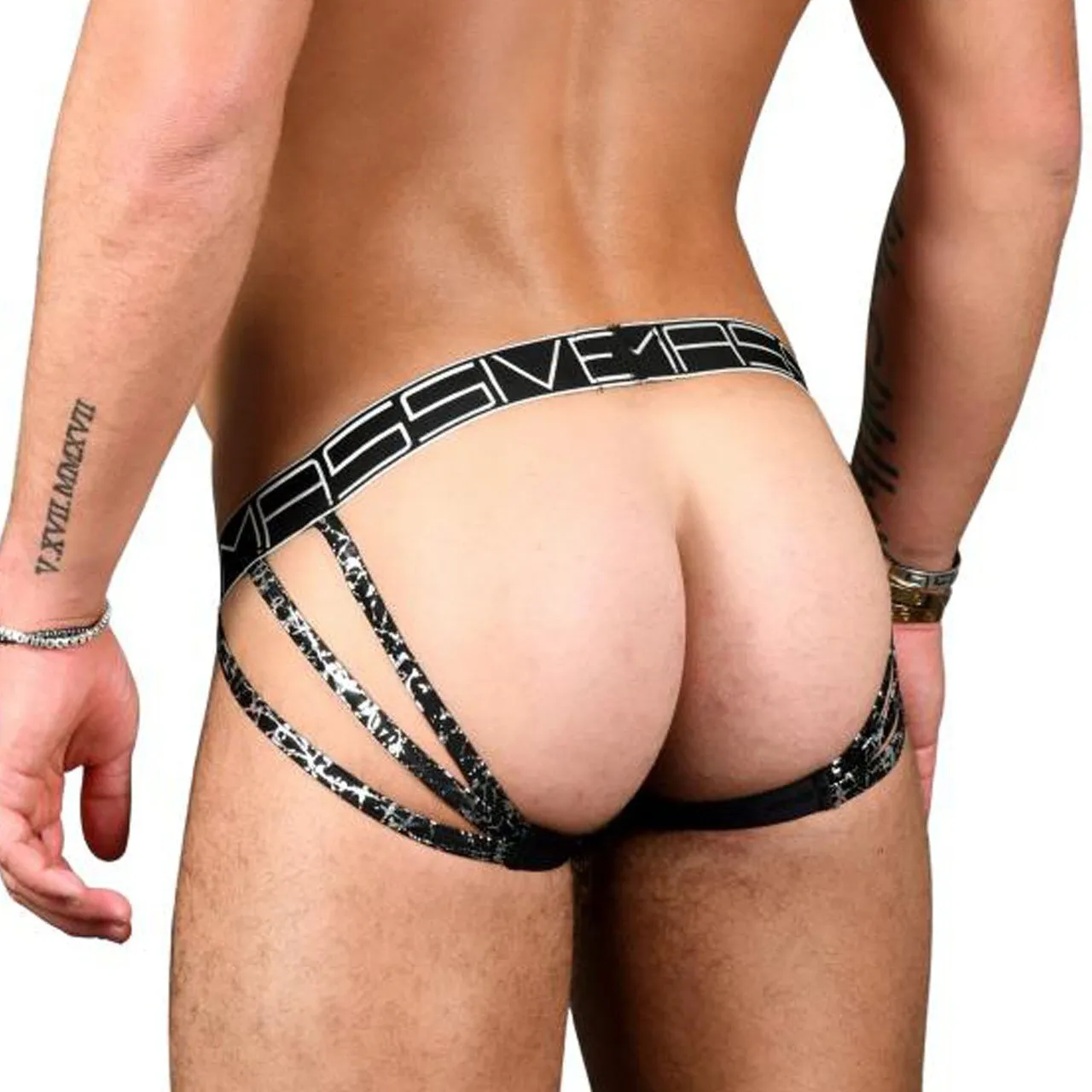 Mens Andrew Christian Massive Crackle Triad Thong Black and Silver