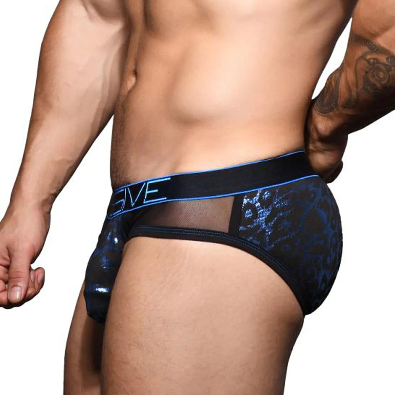 Mens Andrew Christian Massive Night Leopard Sheer Brief Black and Blue