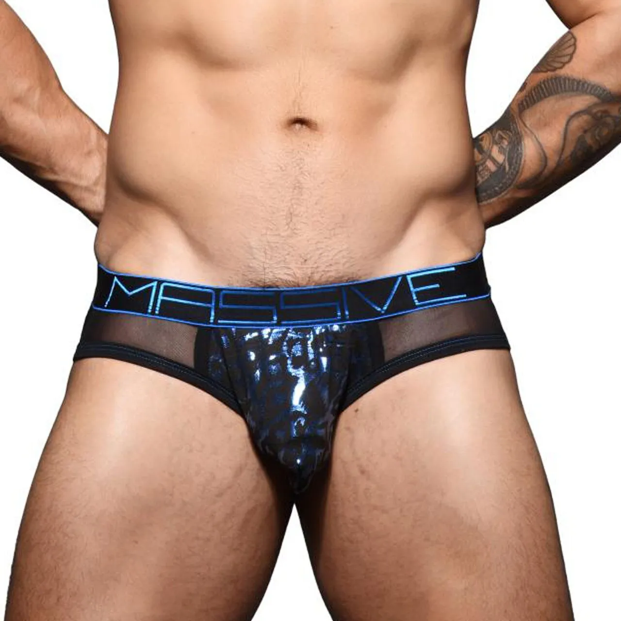 Mens Andrew Christian Massive Night Leopard Sheer Brief Black and Blue