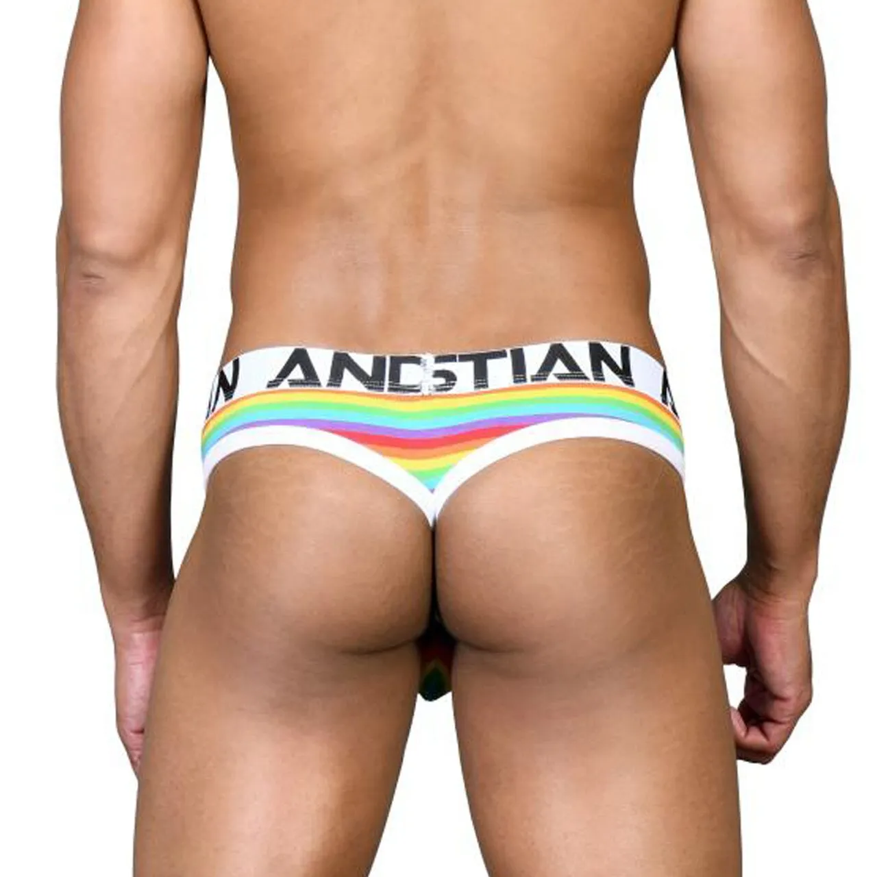 Mens Andrew Christian Pride Rainbow Stripe Thong w/ Almost Naked