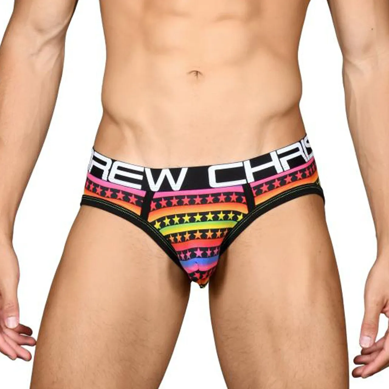 Mens Andrew Christian Sunset Star Rainbow Stripe Brief w/ Almost Naked