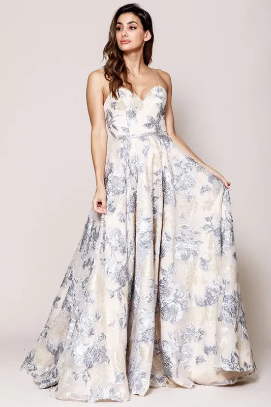 Mesh Overlay Ball Gown w/ Floral Embroidery