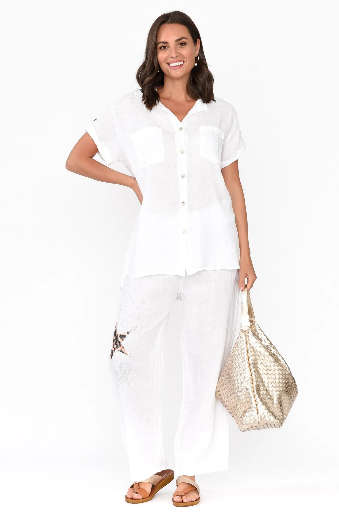 Nalda White Leopard Linen Embellished Pants