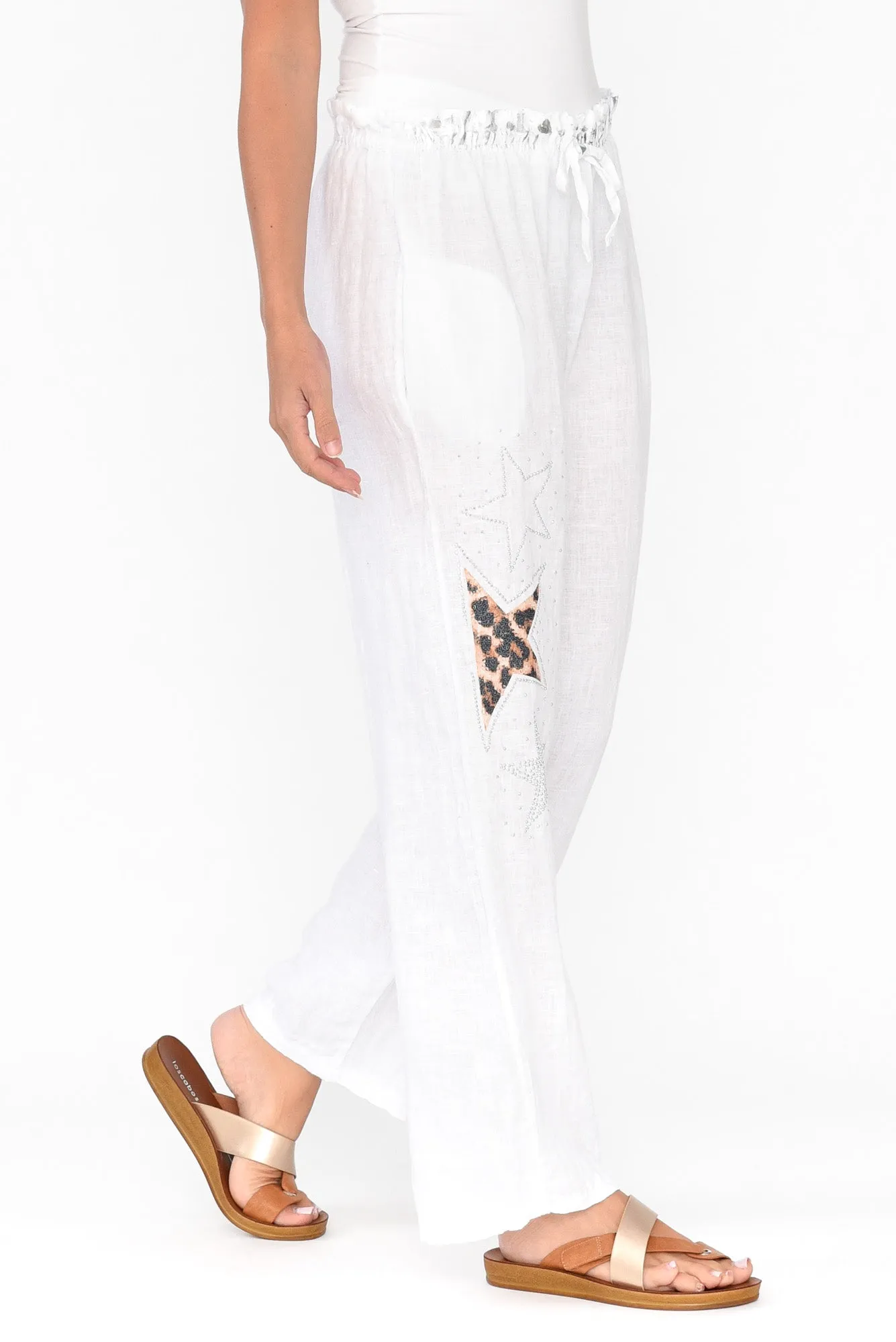 Nalda White Leopard Linen Embellished Pants