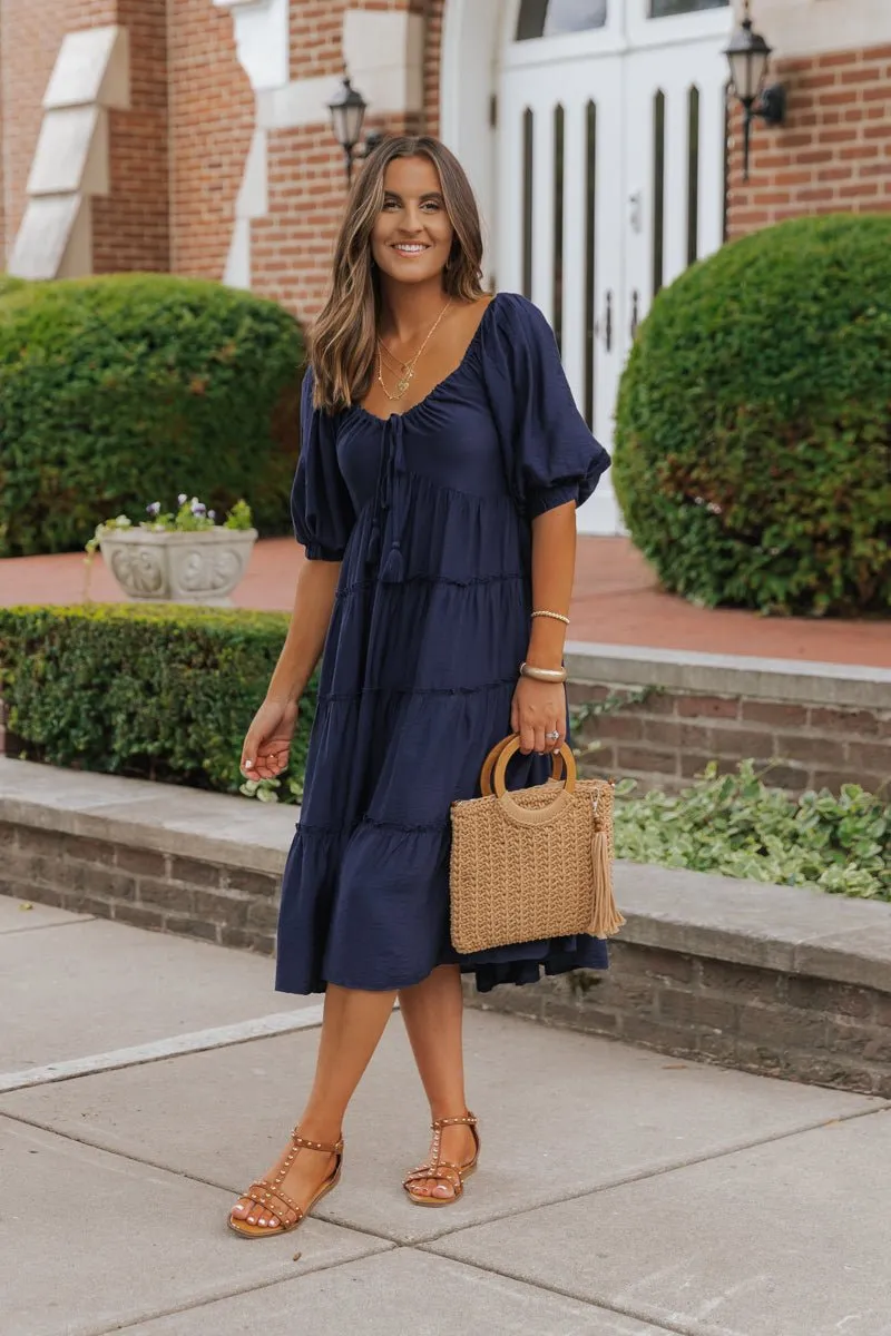 Navy Sweetheart Tiered Midi Dress