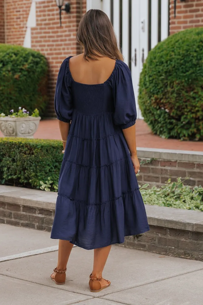 Navy Sweetheart Tiered Midi Dress