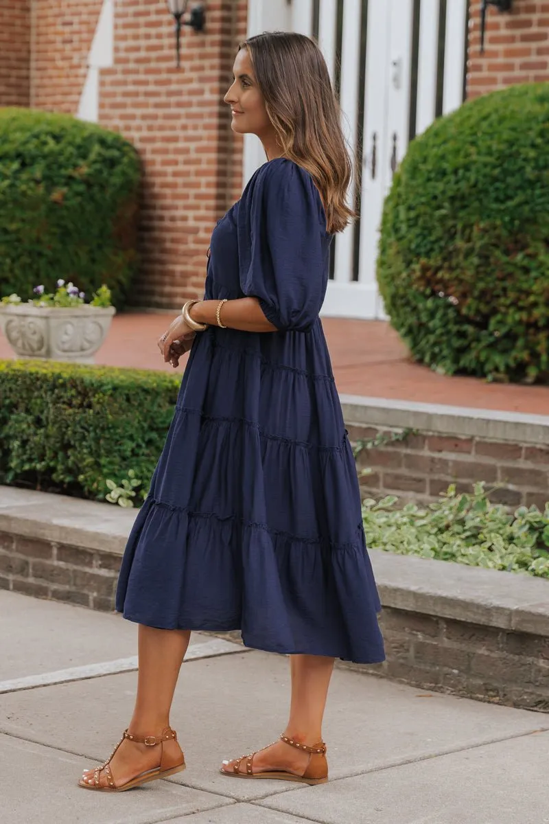 Navy Sweetheart Tiered Midi Dress