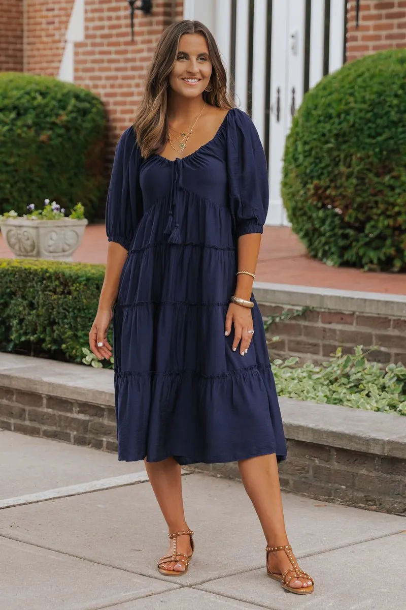 Navy Sweetheart Tiered Midi Dress