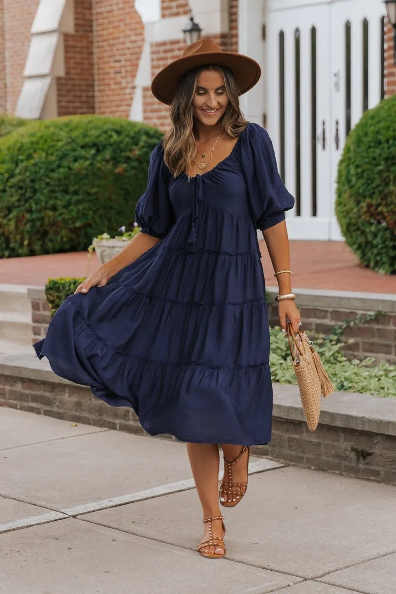 Navy Sweetheart Tiered Midi Dress