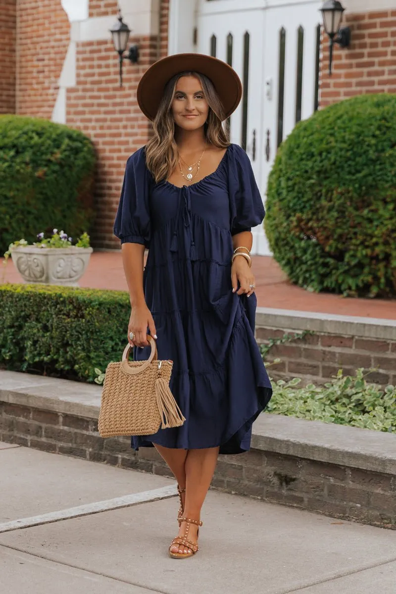 Navy Sweetheart Tiered Midi Dress