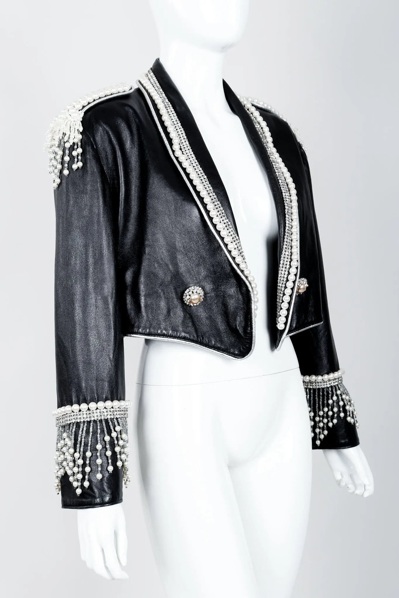 Pearl Fringe Cropped Leather Jacket