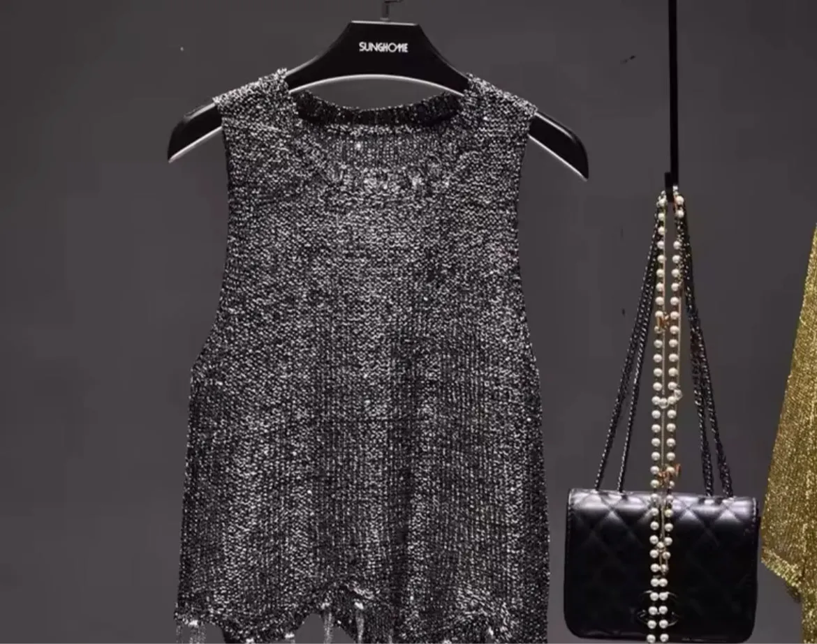 Shiny Bling Sequined Tassels Knitted Vest Tank Top