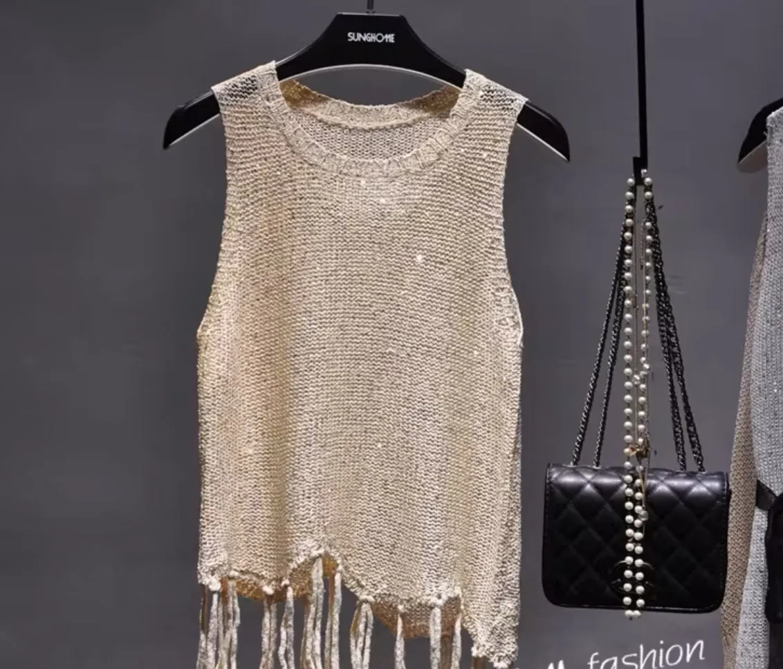 Shiny Bling Sequined Tassels Knitted Vest Tank Top