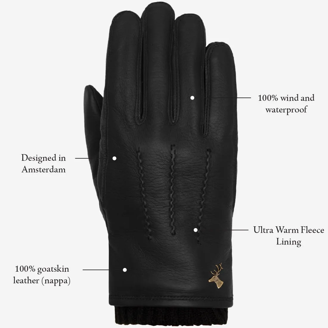 William (black) - goatskin leather gloves with warm fleece lining and press-stud