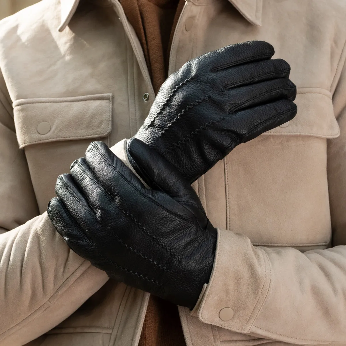 William (black) - goatskin leather gloves with warm fleece lining and press-stud